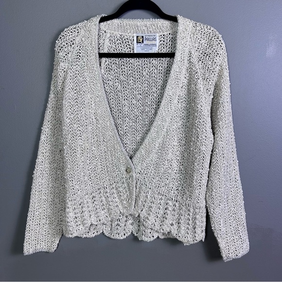 Vintage Cardigan Sweater Size Large twinset Irish Linen Crochet knitted metallic - Picture 4 of 16